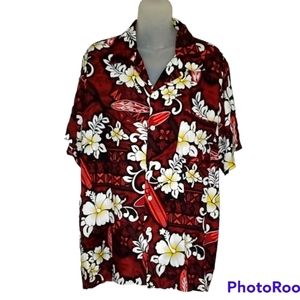 ALOHA Rayon Hawaiian Shirt Red Black Yellow Tropical Flowers Button